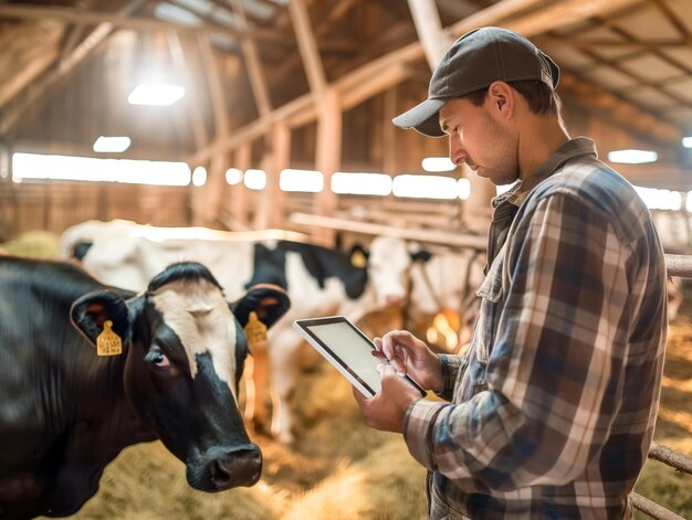 Confident farmer using tablet - modern livestock management with technology